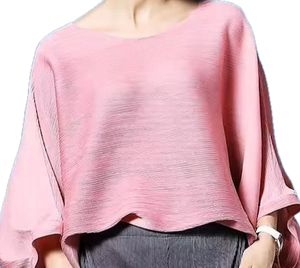 Blouse à manches chauve-souris, tissus plissé rose 100% polyester anti rétrécissant, respirant