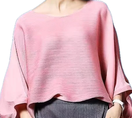 Blouse à manches chauve-souris, tissus plissé rose 100% polyester anti rétrécissant, respirant