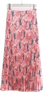 Jupe longue plissée  rose à fleurs, taille haute extensible, 100% polyester, anti statique