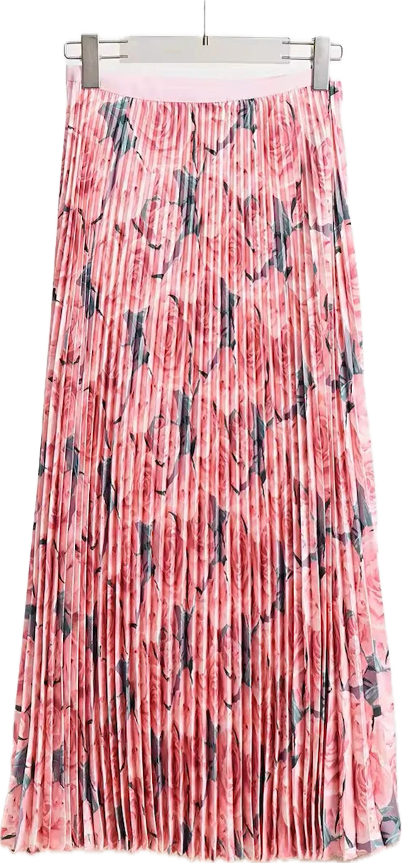 Jupe longue plissée  rose à fleurs, taille haute extensible, 100% polyester, anti statique