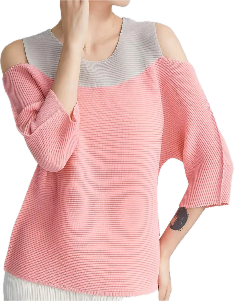 Top bicolore, rose et gris,  tissus plissé manches longues, épaules découvertes 100% polyester anti rétrécissant, respirant