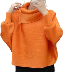 Top col rabattu et manches, tissus plissé orange 100% polyester anti rétrécissant, respirant