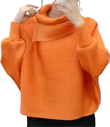 Top col rabattu et manches, tissus plissé orange 100% polyester anti rétrécissant, respirant