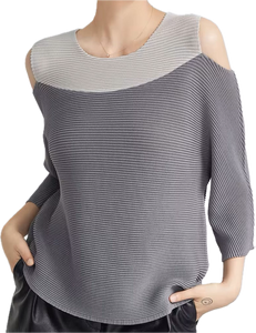 Top bicolore, gris sur gris,  tissus plissé manches longues, épaules découvertes 100% polyester anti rétrécissant, respirant