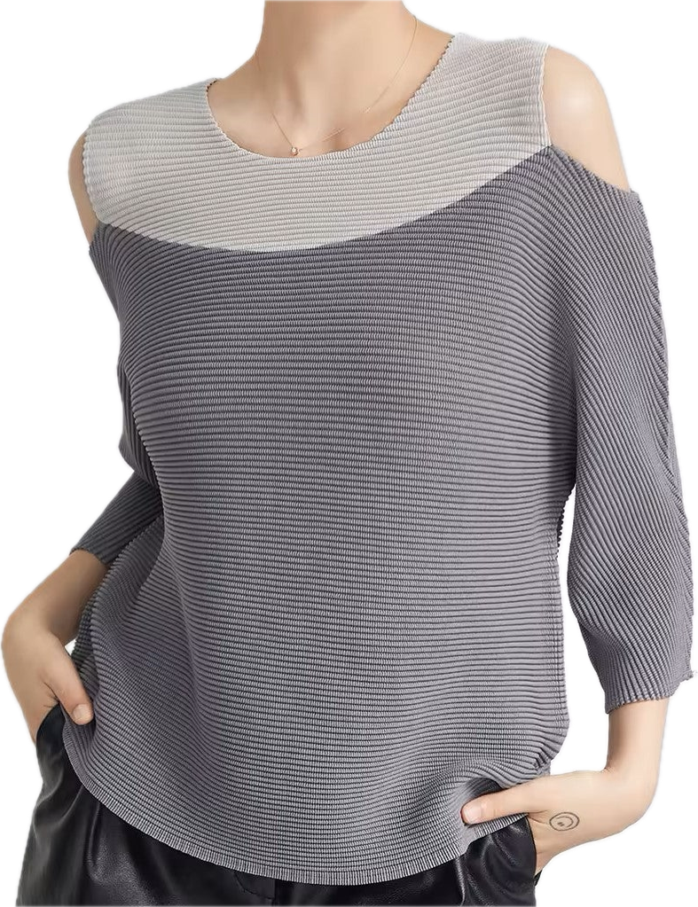 Top bicolore, gris sur gris,  tissus plissé manches longues, épaules découvertes 100% polyester anti rétrécissant, respirant