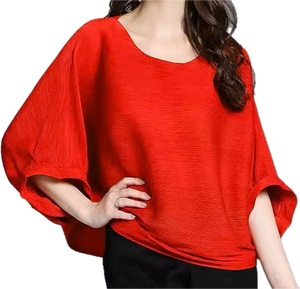 Blouse à manches chauve-souris, tissus plissé rouge 100% polyester anti rétrécissant, respirant