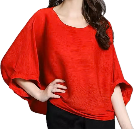 Blouse à manches chauve-souris, tissus plissé rouge 100% polyester anti rétrécissant, respirant