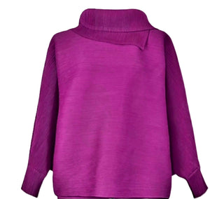 Top col rabattu et manches, tissus plissé fuchsia 100% polyester anti statique, anti bouloches