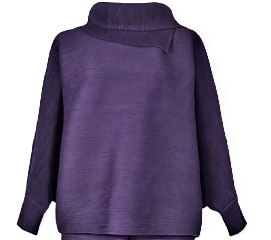 Top col rabattu et manches, tissus plissé pourpre-violet 100% polyester anti statique, anti bouloches