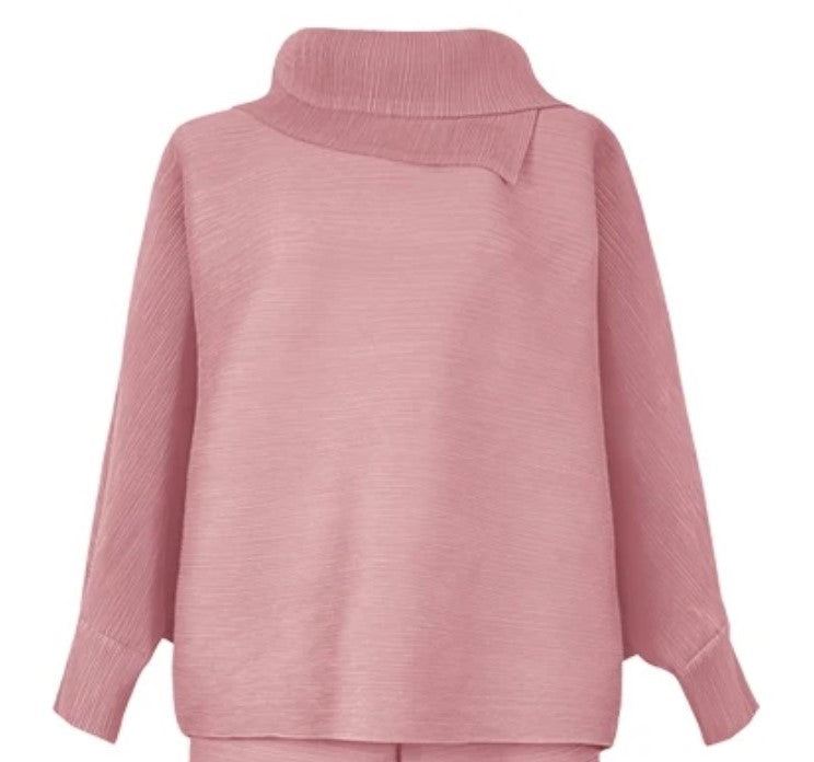 Top col rabattu et manches, tissus plissé rose 100% polyester anti statique, anti bouloches