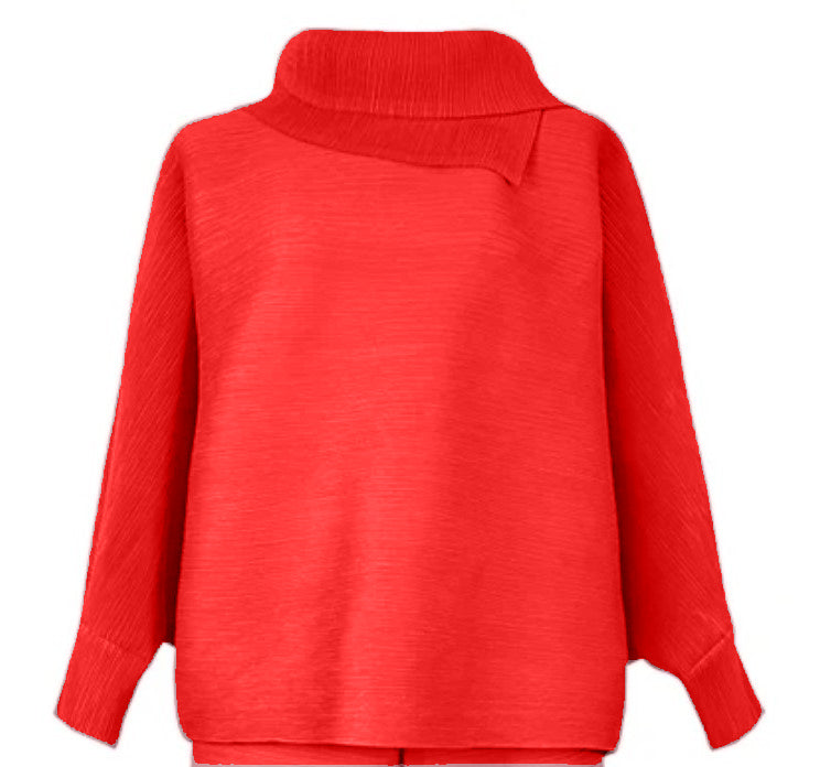 Top col rabattu et manches, tissus plissé rouge 100% polyester anti rétrécissant, respirant