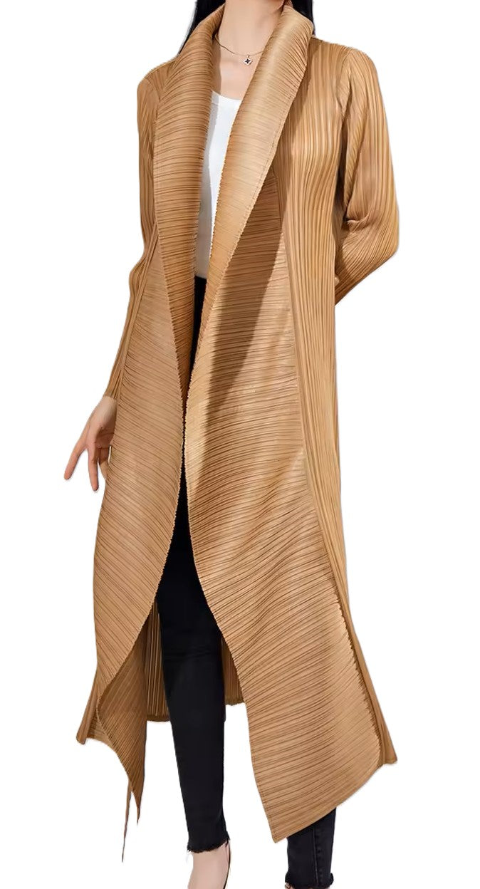 Trench-coat élégant plissé mi-long avec revers irrégulier et long cardigan à la taille ceinturée; 100% polyester, antistatique, anti chiffonnage