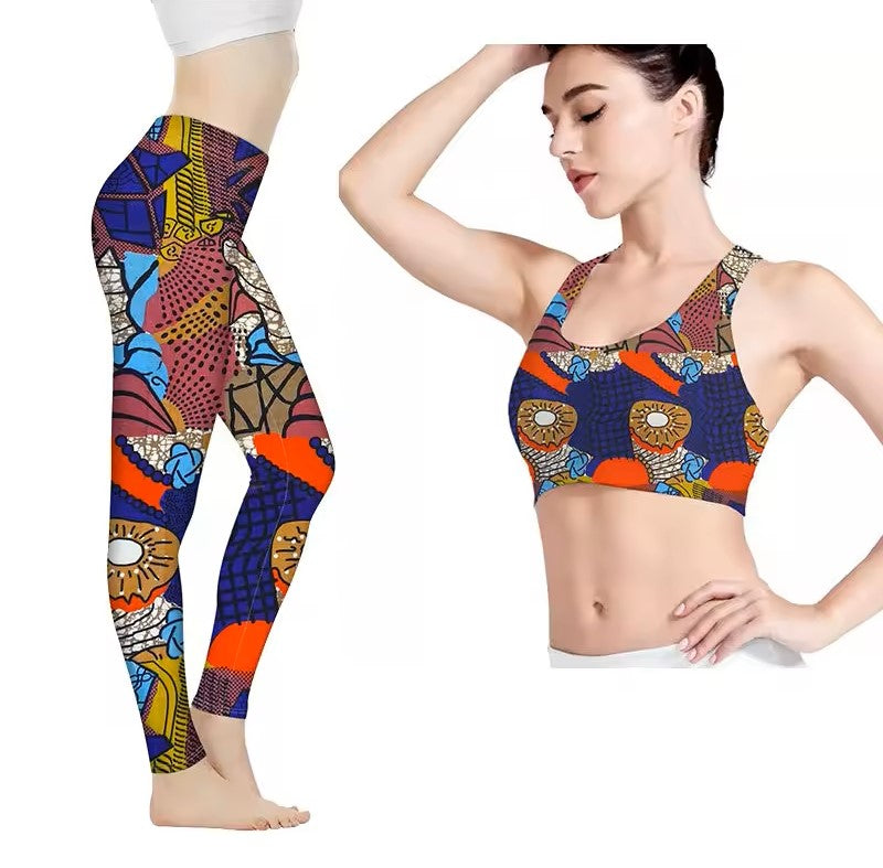 Ensemble sport motif africain, taille S, spandex/nylon stretch, anti transpiration