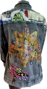 Création artisanale: veste denim personnalisée et patchwork wax taille S/M
