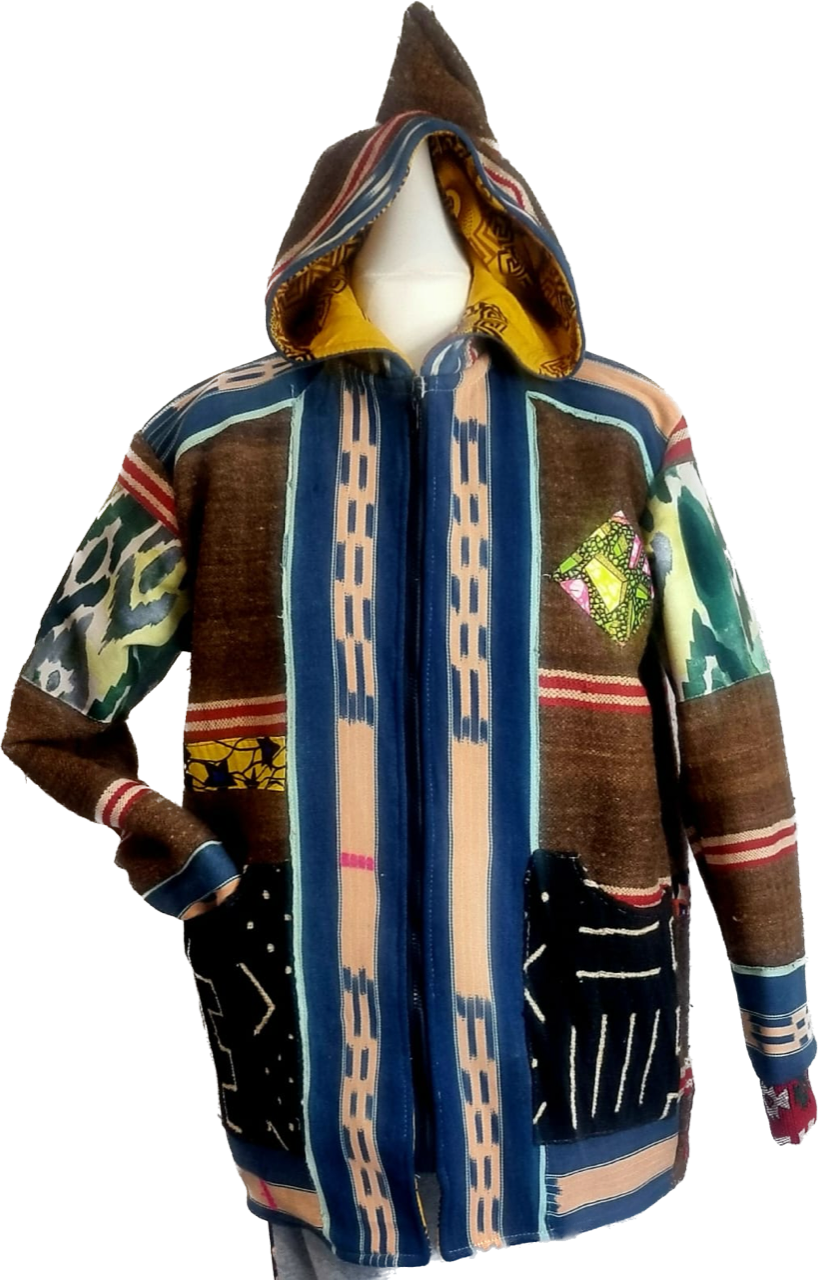 Veste artisanale personnalisée unique en laine de lama tissée main et patchwork wax: M/L