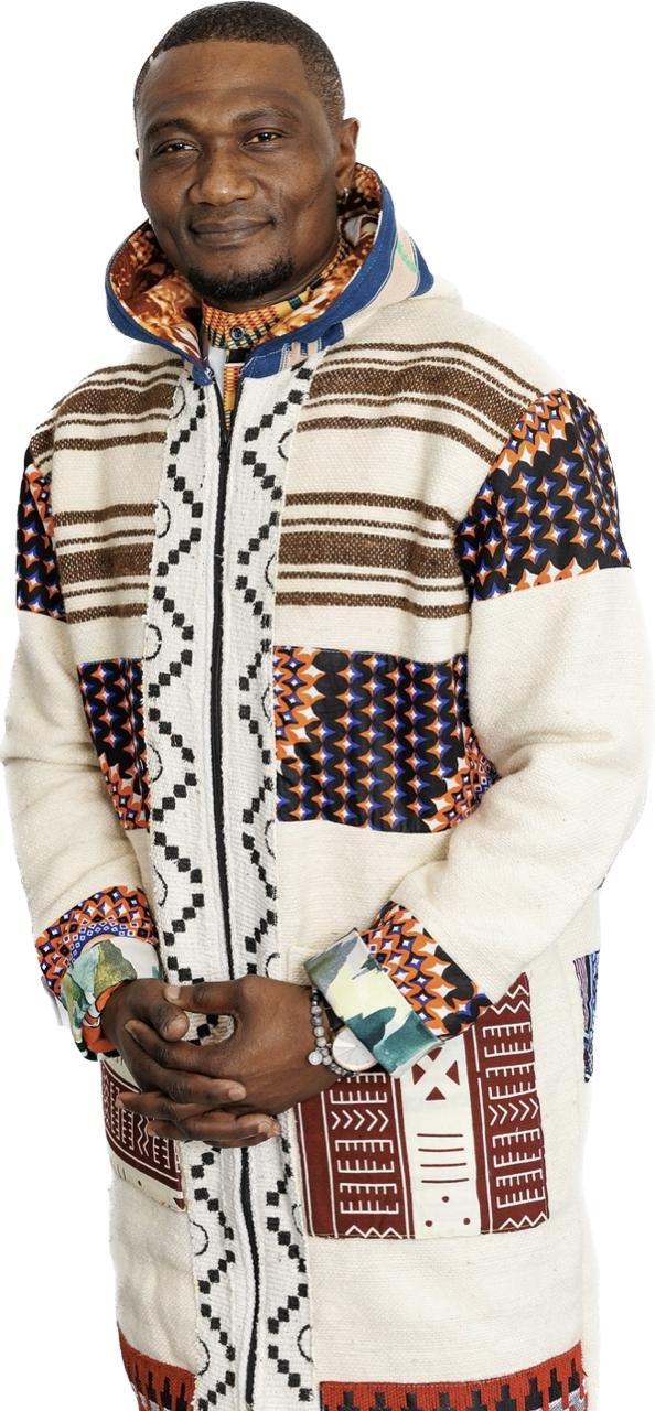 Veste longue artisanale personnalisée unique en laine de lama tissée main et patchwork wax: M/L